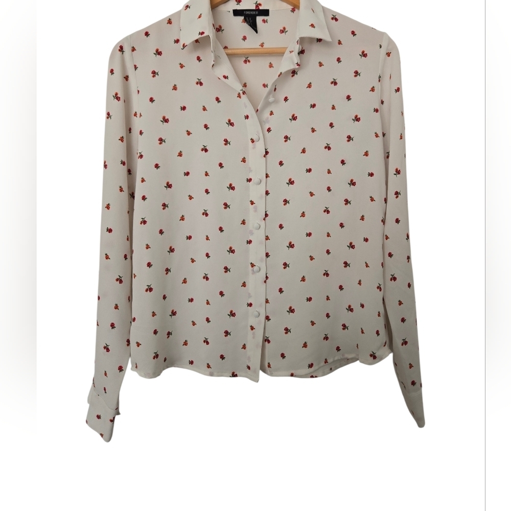 Forever 21 White Button Down Shirt with Red Floral Print Size Small